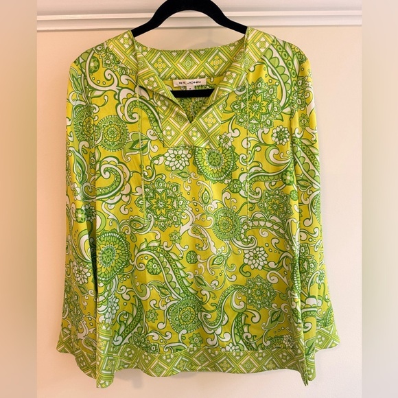St. John Green Floral Print Silk Blouse